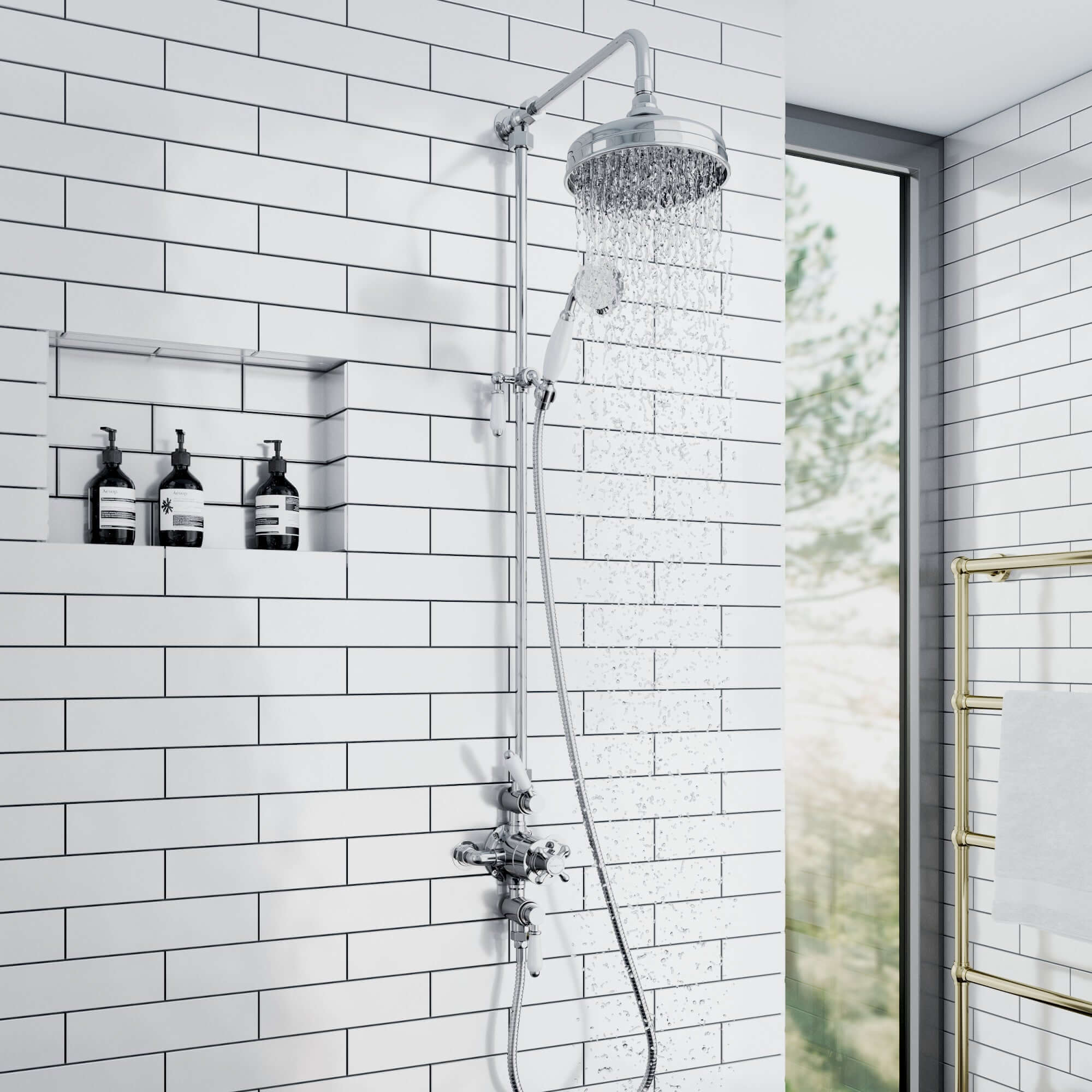 Downton Exposed Traditional Thermostatic Shower Set 2 Outlet, Incl. Triple Shower Valve, Rigid Riser Rail, 200mm Shower Head & Ceramic Handset - Chrome And White - Showers